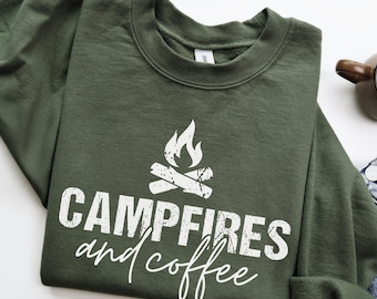 Camping Sweatshirt, Fall Coffee Shirt, Campfires & Coffee, Outdoor Adventure, Hiking Crewneck, Autumn Hoodie for her him, Nature Sweatshirt