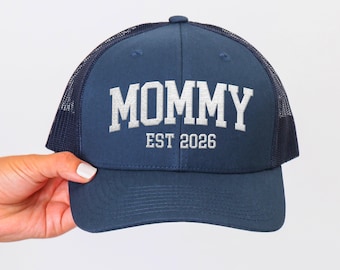 Mommy Embroidered Trucker Hat, Custom year, Mesh back Mens Baseball Cap, Baby announcement reveal