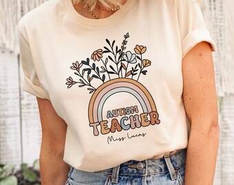 Chemise de professeur d'autisme avec nom personnalisé fleurs bohème, professeur d'éducation spéciale, cadeau de fin d'année de chemise de professeur personnalisée SPED