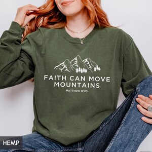 Comfort Colors® Long Sleeve Christian T-Shirt, Faith Can Move Mountains, Bible Verse outfit Women/Men, Church Staff Scripture Matthew 17:20