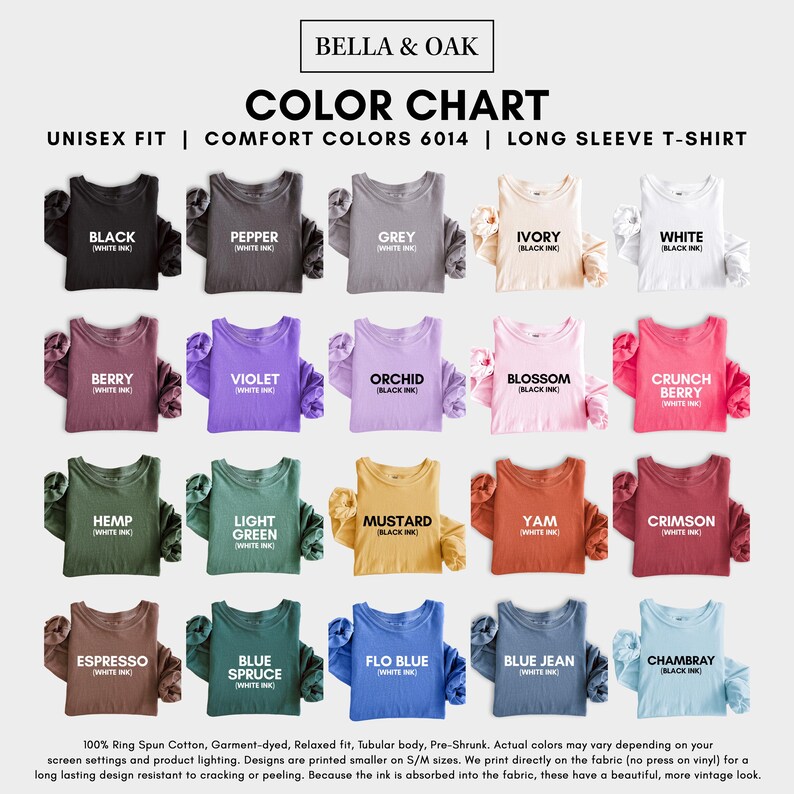 The image is a color chart displaying various unisex fit and comfort colors for a long sleeve t-shirt.
