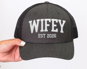 Wifey Embroidered Trucker Hat, Custom year, Mesh back Mens Baseball Cap, Engagement Just Married