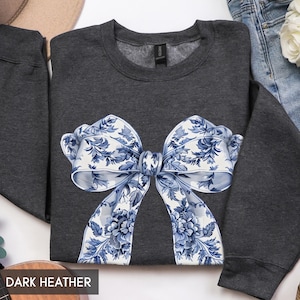 Cute Toile Coquette Bow Sweatshirt, Blue Big Bow Girly Hoodie, French pattern soft girl aesthetic, Trendy Toile de Jouy Unisex fit Sweater