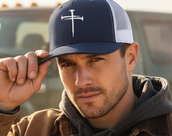 Christian Embroidered Trucker Hat, Nails & Cross Mesh back Mens Baseball Cap, Religious Jesus Hat
