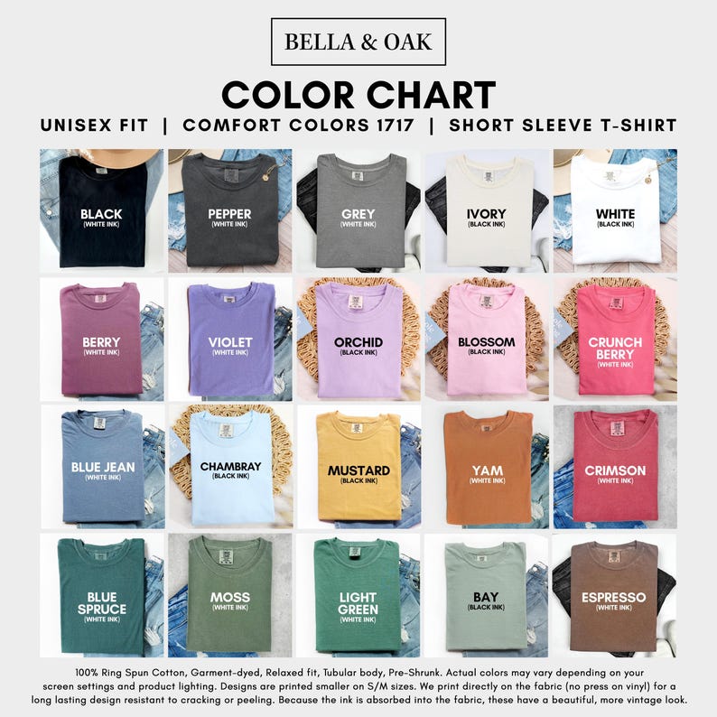 An informational color chart displaying swatch samples of twenty different t-shirt colors with their names labeled.
