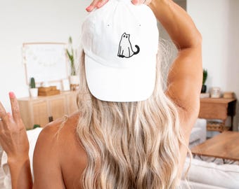 Little ghost Cat Hat, Embroidered Spooky Halloween Baseball Cap, Mens fit Fall Season Hat for her or him, Autumn cat lover, Summerween hat