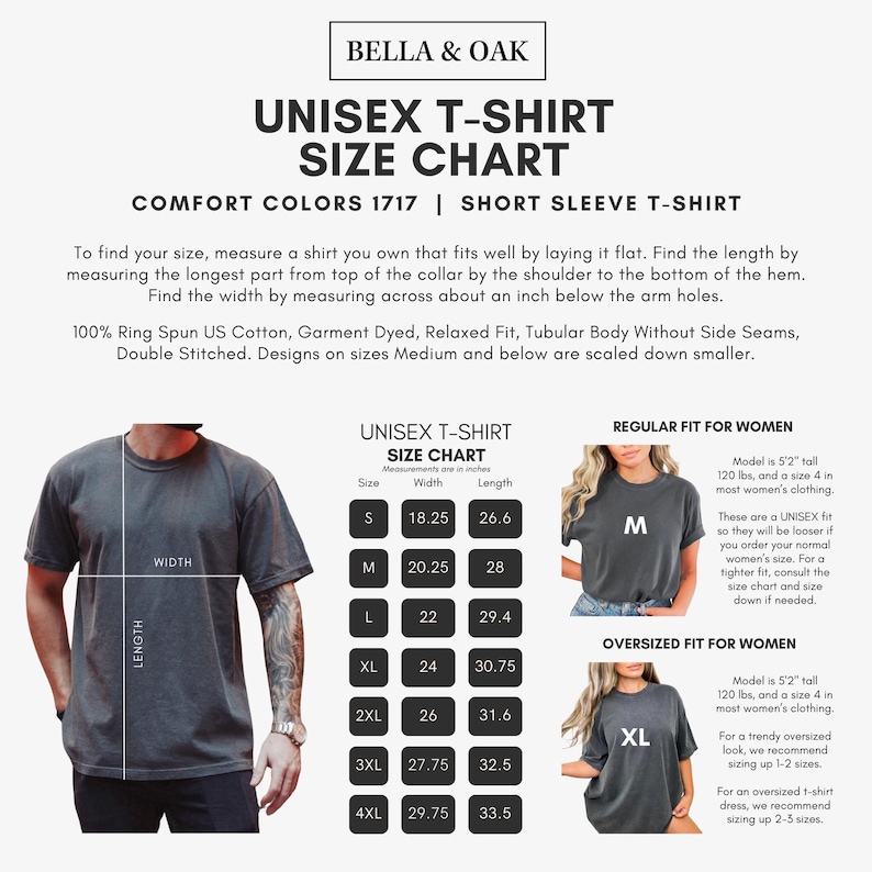 Puede incluir: Tabla de tallas de camiseta unisex con medidas en pulgadas. La tabla muestra el ancho y la longitud de la camiseta en las tallas S, M, L, XL, 2XL, 3XL y 4XL. La tabla tambi&eacute;n incluye informaci&oacute;n sobre el ajuste regular y el ajuste holgado para mujeres.