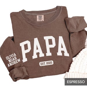 May include: Espresso-colored long-sleeved sweatshirt with the word "PAPA" in large white block letters. The sleeve features the names "OLIVIA NOAH ANDREW" in white. The text "EST. 2025" is below "PAPA". A white knit hat is visible.