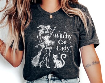 Halloween Witchy Cat lady Shirt, Cute Cat mom t-shirt for fall, Vintage retro style, spooky season, Salem witch outfit for her (unisex)