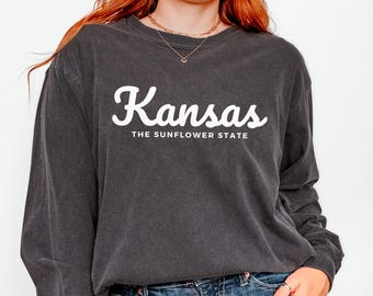 Comfort Colors® Kansas LONG sleeve shirt, Sunflower State gift for him or gift her, Cute Kansas TShirt, Vintage Retro Kansas Travel tee