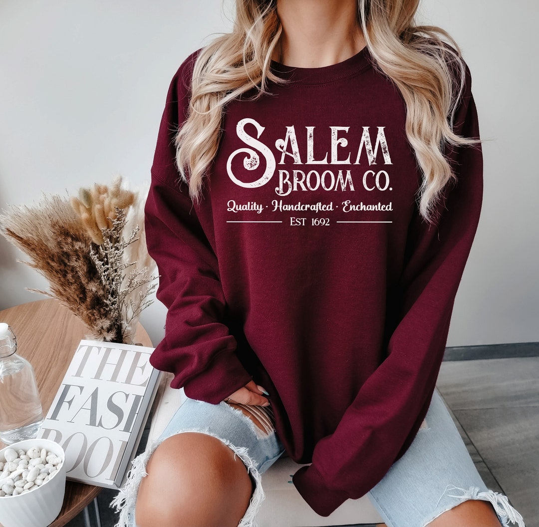 Salem Broom Company Sweatshirt, Cute Orange Halloween Crewneck, Witch