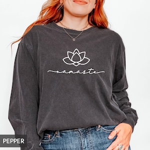 Comfort Colors® Long sleeve Namaste Lotus shirt, Yoga top for women with saying (UNISEX fit), Workout phrase shirt, Cute Inhale Exhale Zen