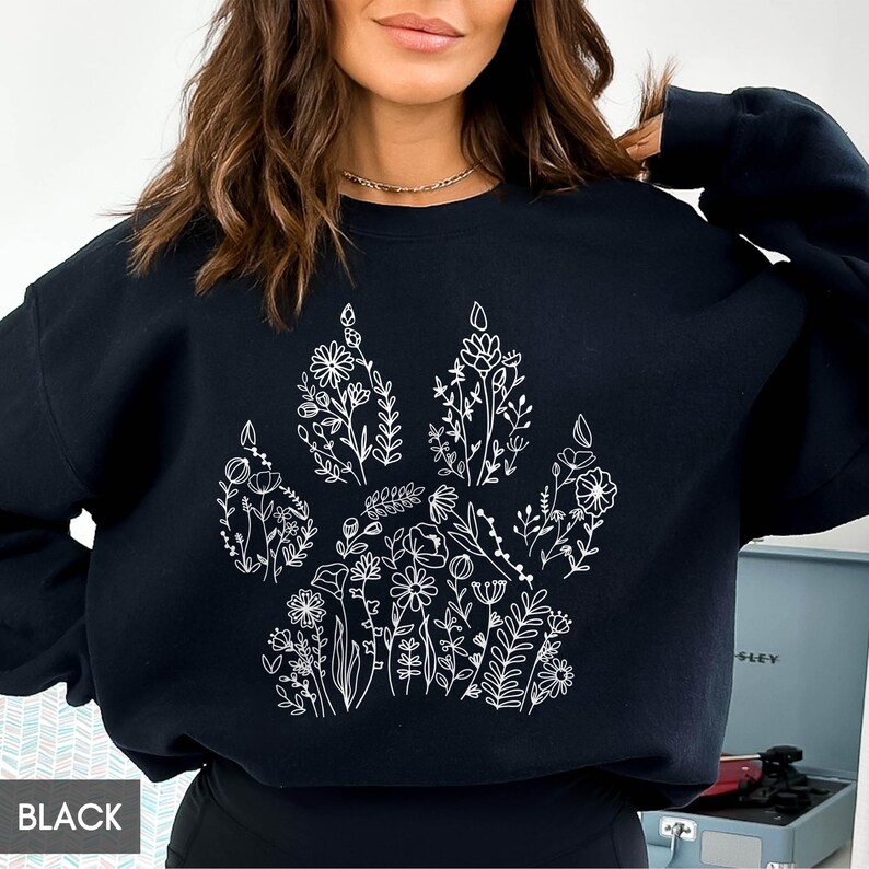 Sweatshirt with Dog paw, Dog Mama Crewneck, Floral Dog Lover Shirt, Mom of Dogs, Dog Mom Gift, Gift for Dog Lover,Better with Dogs,Paw print image 8