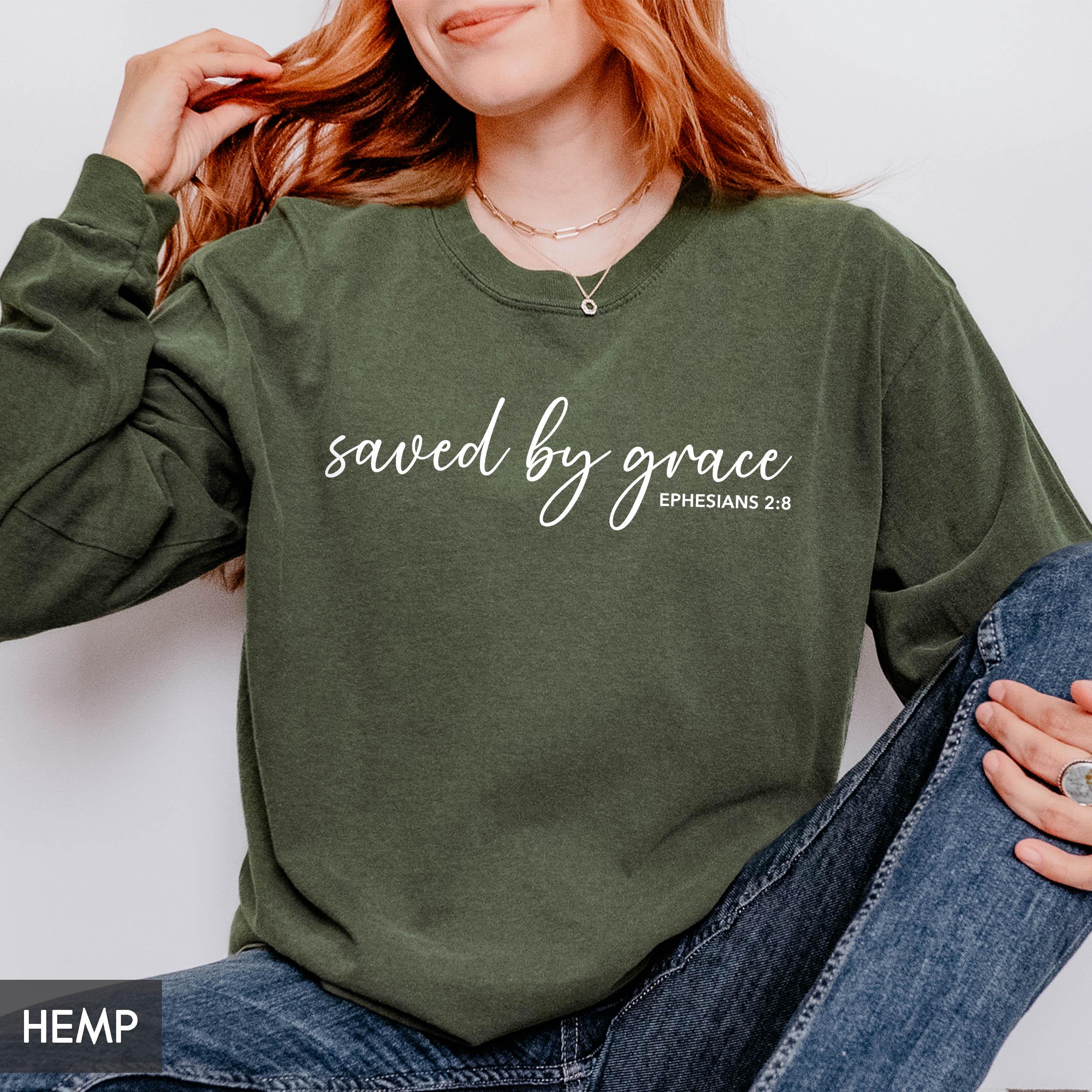 Comfort Colors® Saved by Grace Christian LONG Sleeve shirt, Bible Verse Easter Sunday Church outfit for Men or Women, Jesus Christ t-shirt