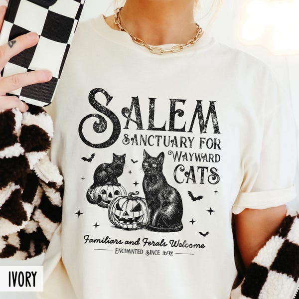 Halloween Comfort Colors® Shirt, Salem Cat Sanctuary, Wayward black cats, Witchy Enchanted cat Mom shirt, Vintage retro spooky fall tshirt