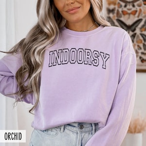 Pode incluir: Uma camisola de manga comprida de cor lavanda com o texto "INDOORSY" impresso a preto na frente. A camisola &eacute; feita de um material macio e confort&aacute;vel.