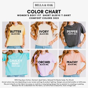 May include: Color chart for women's short sleeve t-shirts in various colors, including Butter (Black Ink), Ivory (Black Ink), Pepper (White Ink), Chalky Mint (White Ink), Orchid (Black Ink), and Peachy (Black Ink).