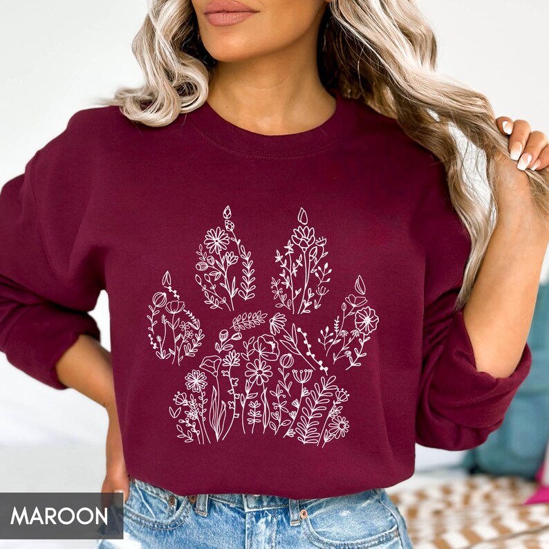 Sweatshirt with Dog paw, Dog Mama Crewneck, Floral Dog Lover Shirt, Mom of Dogs, Dog Mom Gift, Gift for Dog Lover,Better with Dogs,Paw print image 5