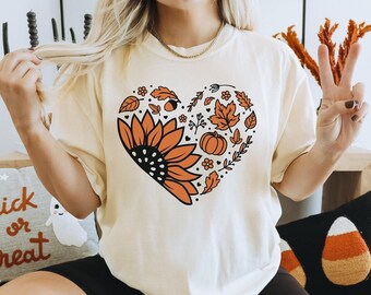 Comfort Colors Fall Shirt, Autumn Leaves & Pumpkin tshirt, Fall Sunflower Shirt, Pumpkin Spice, Thanksgiving Shirt, Halloween for her or him