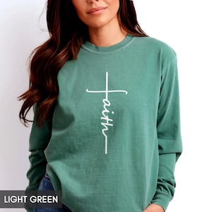 Comfort Colors® Faith Cross Long Sleeve Shirt, Trendy Christian t-shirt for her / him, Church Staff Bible Verse tee Minimalist Religious top