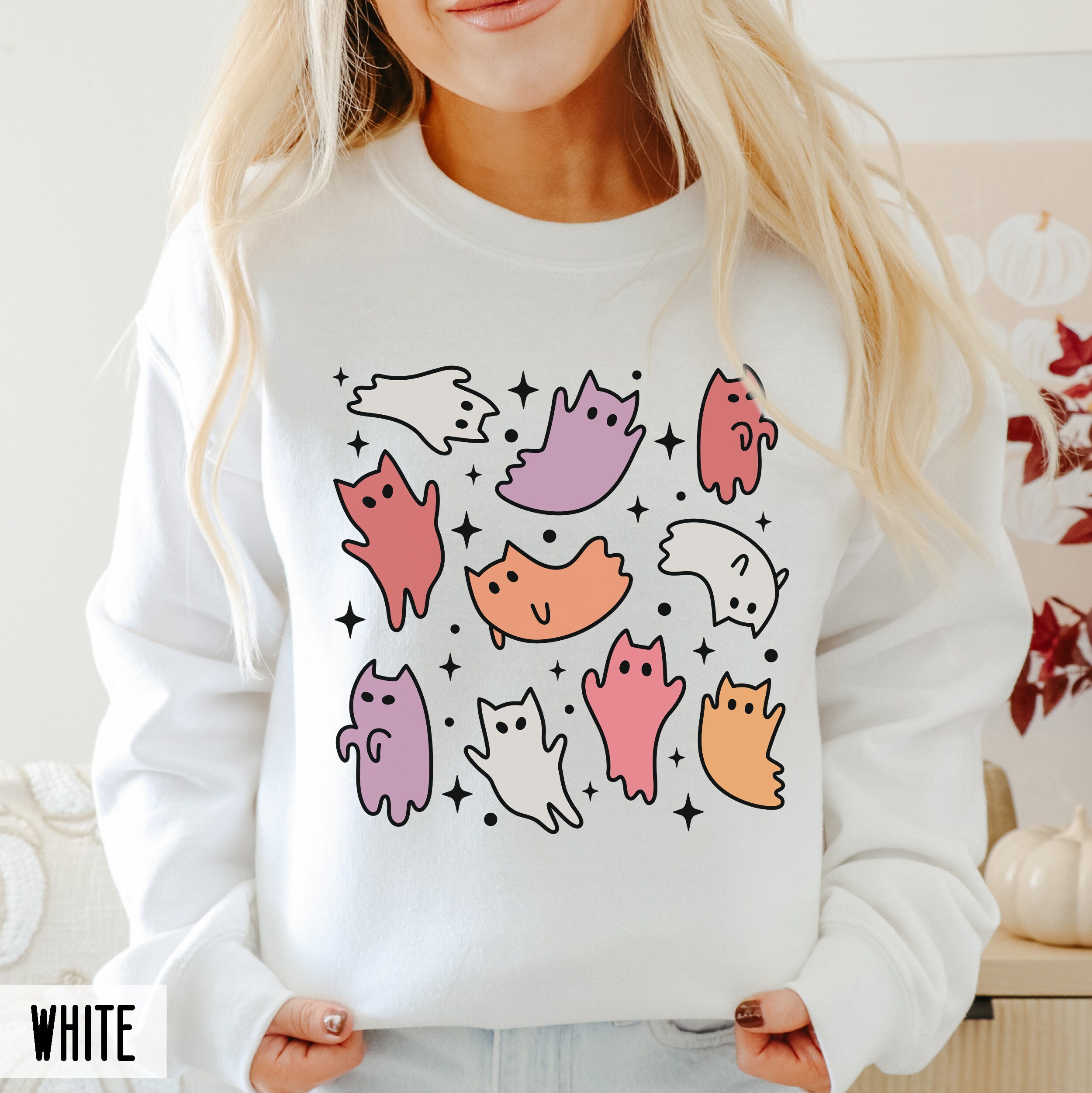 Ghost Cat Halloween Sweatshirt, Retro Halloween, Cute Cat Lover crewneck, Fall Sweatshirt, Vintage Halloween Sweater, 90's Halloween for her