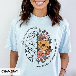 以下が含まれることがあります： 薄い青色のTシャツに、花が咲いた脳のグラフィックと「Embrace neurodiversity. Not all great minds think alike.」というテキストがプリントされています