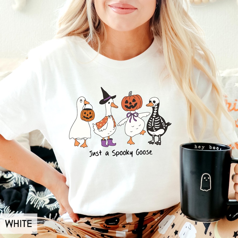 Just a Spooky Goose, Cute Halloween shirt, Silly goose, Fall pumpkins, Trick or treat outfit for her or him, witchy goose, Autumn tee image 1