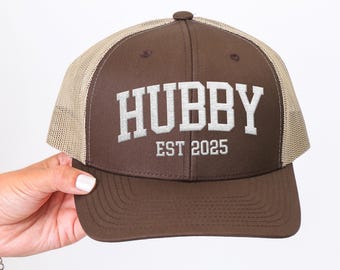 Hubby Embroidered Trucker Hat, Custom year, Mesh back Mens Baseball Cap, Engagement Just Married