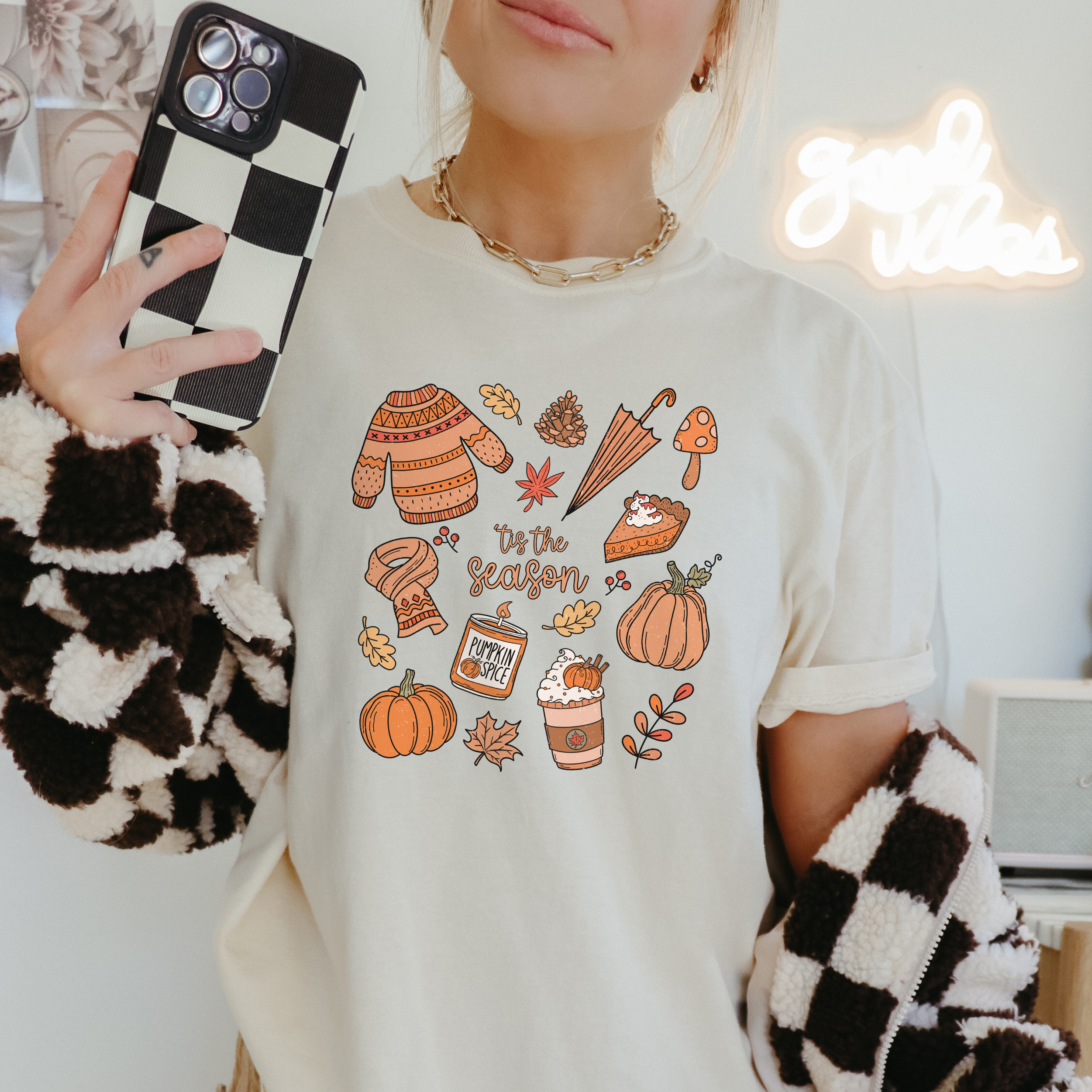But I Love Fall Most Of All Women's T-Shirt - Plaid Stripe Pumpkin Graphic Short Sleeve Tee