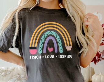 Comfort Colors® Rainbow Teacher shirt, Teach Love Inspire, Doing Teacher Stuff, Cute 90s retro groovy Teacher shirt her/him matching teacher