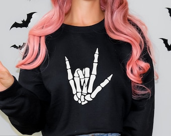 Halloween Crewneck, Skeleton Sweatshirt, Skeleton Rock On, Skeleton Hand, Love, Skeleton Sweatshirt, Halloween Shirt, For Women Men, Vintage