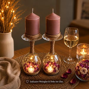 Romantic decorative wine glasses in a set of 2 with real rose petals and LED string lights