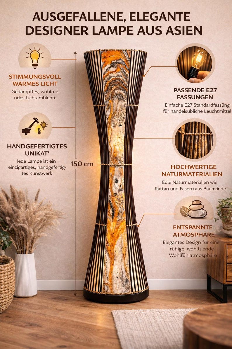 Asian floor lamp, designer lamp, floor lamp, decorative, handmade, height 150 cm, rattan. image 3