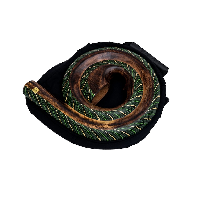 Didgeridoo instrument de forme ronde matériaux naturels sac de voyage spirale Australie Vert