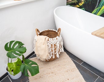 Panier de rangement, panier à linge, panier en macramé avec couvercle en feuilles de bananier, produit naturel fait main