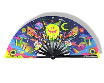 Hand Fan UV light Reflective - Trippy UFO Mushrooms and Acid - 13 inches tall 25 inches wide