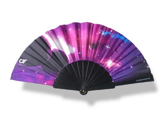 Mini Hand Fan 9 Inches tall - Pocket Size-Purple Galaxy