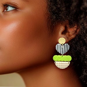 Geometric Striped Polymer Clay Drop Earrings | Lightweight Summer Statement Jewelry | Vibrant Bold Dangle earrings | Heart Earrings