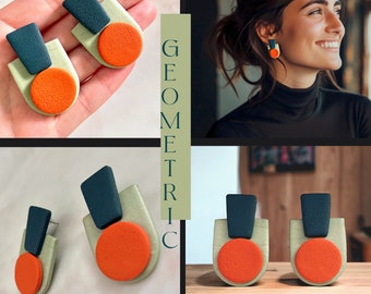 Retro Revival Fusion Sage Green orange layered oversized Bauhaus retro geometric earrings modern retro exclamation shape earrings