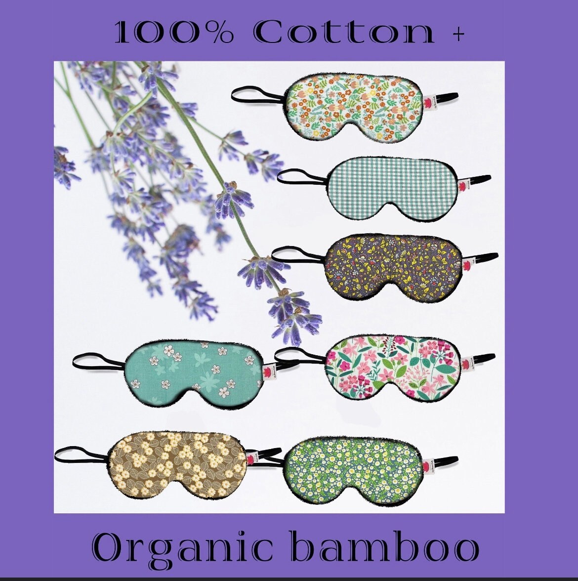 Floral Lightweight Soft Bamboo and Organic Cotton Sleep Mask - Adjustable Elastic, No Stitches Outside