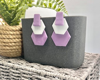 Lilac Hues Hexagon Fusion oversized retro 80s style earrings in pastel purple and pale grey