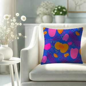 Abstract Floral Cushion Cover / Vibrant Blue and hot pink decorative cushion / Modern Square Pillow Case for Boho and Artistic Home Décor