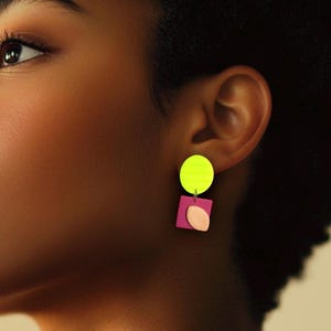 Bright Neon Yellow and Pink geometric Dangle Earrings, Handmade Polymer Clay Geometric Earrings, Lightweight Statement Jewelry