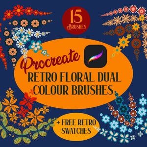 Könnte beinhalten: Procreate Retro Floral Dual Colour Brushes, ein digitales Kunstprodukt mit 15 Pinseln im Retro-Blumenmuster. Das Bild zeigt eine Vielzahl von bunten Blumenmustern, darunter Schmetterlinge, sowie den Text "Procreate Retro Floral Dual Colour Brushes" und "+ FREE RETRO SWATCHES".