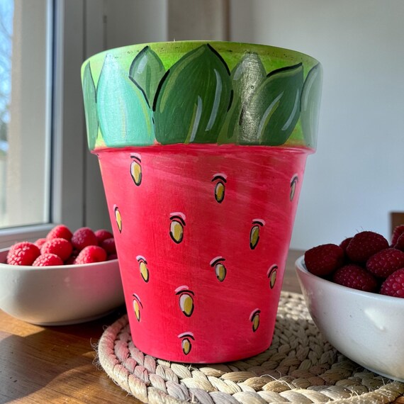 Hand-painted Strawberry Planter  Cute Ceramic Plant Pot With Leaf Rim   Juicy Red Summer Pot for Herbs & Succulents  Whimsical Garden Deco - Etsy
