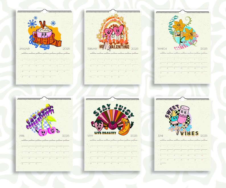 Retro Groovy Wall Calendar 2025 Colourful Hippie Calendar Vintage Cute