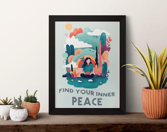 Find Your Inner Peace Wall Art Print, Colorful Dopamine Home Decor, Chic Meditation Illustration, Happy Mindfulness Art, Modern Boho Living