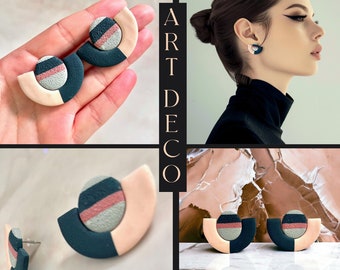 Retro Fusion Arch Oversized polymer clay ear stud, retro natural earrings, modern geometric ear stud, grey earrings, dark boho colours