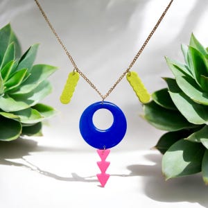 Bold Pop Blue and neon necklace – Lightweight Polymer Clay Necklace Statement Jewelry | Bright Modern Necklace | Funky Chunky Retro