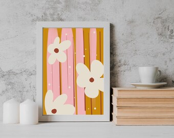 Dopamin künstlerisch rosa, schrulliger Blumen-Wand-Kunst-Druck, schicke moderne Retro-Blumen-Plakat, bunt glückliches Wohndekor, rosa Blumen-Wand-Kunstdruck